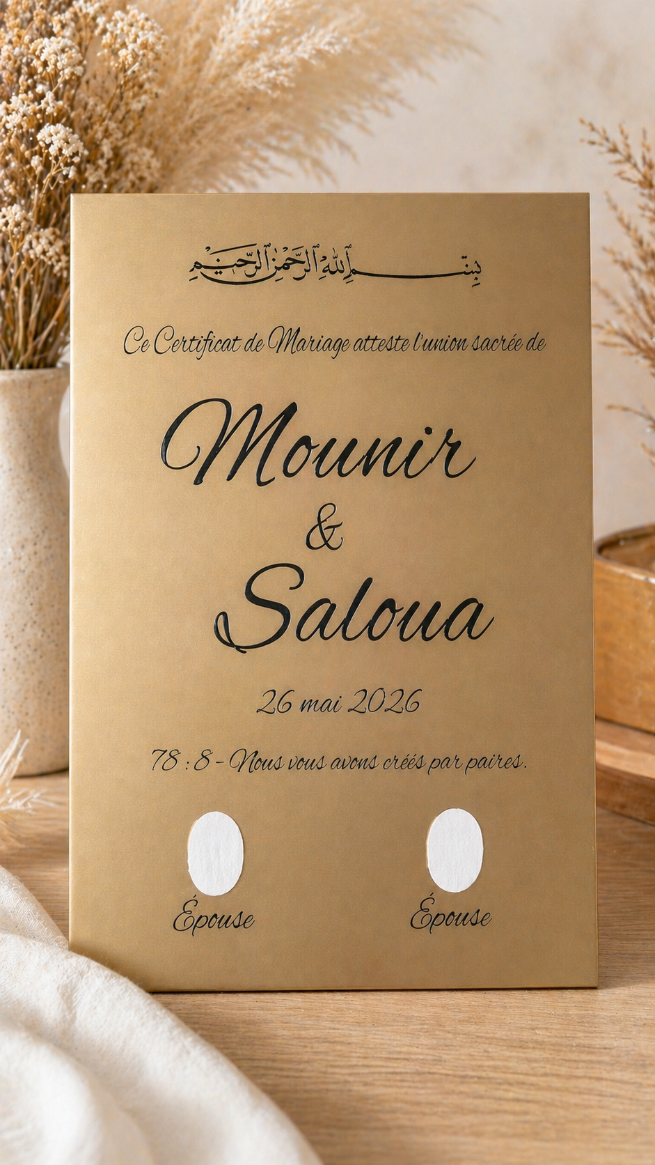 Certificat de mariage gravé personnalisé - wdcréations